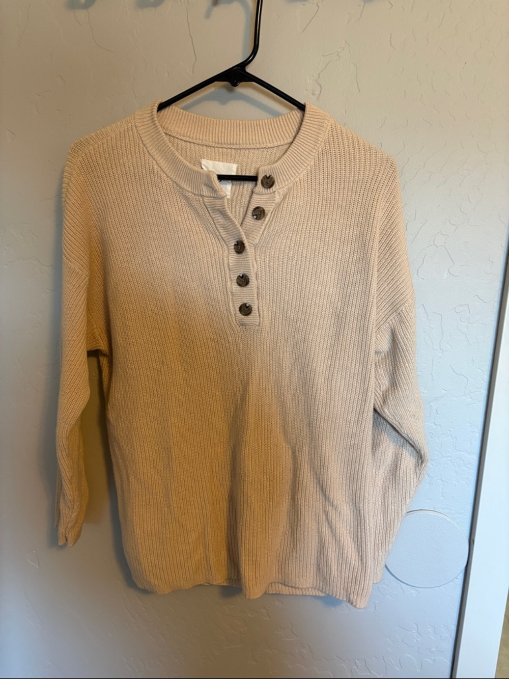 aerie Cream Ribbed Henley Crew Sweater